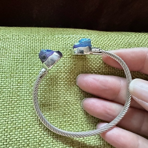 BRACELET CUFF SILVER TONE 6.75 DRUZY BLUE TWISTED ROPE 4139 B - Picture 1 of 13